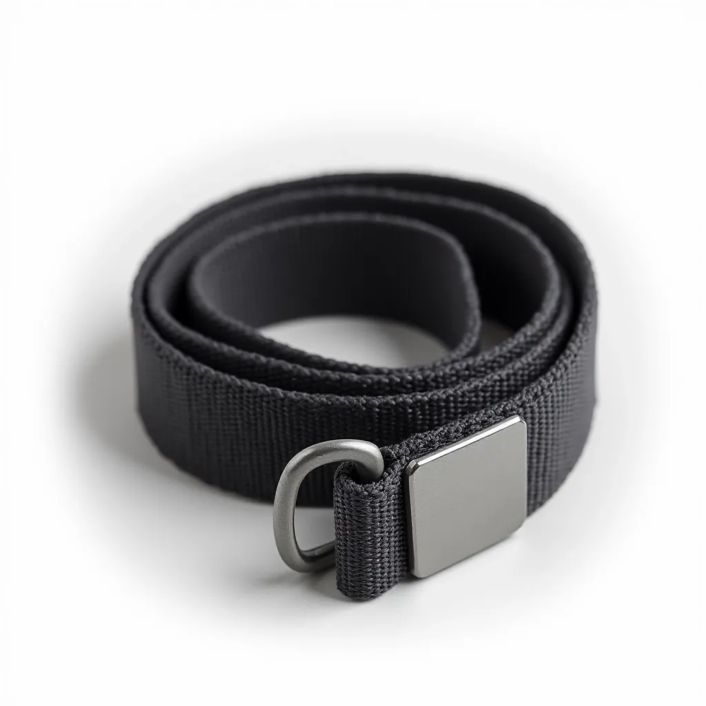 Charcoal woven canvas strap displayed coiled and stretched on white background, stainless steel quick-release connector in sharp focus, natural indigo color variation visible